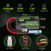 OVONIC 2S LiPo Battery 2200mAh 2S1P 35C 7.4V with a Deans Plug for RC airplanes